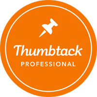 Thumbtack professional logo on an orange background featuring a local SEO expert.