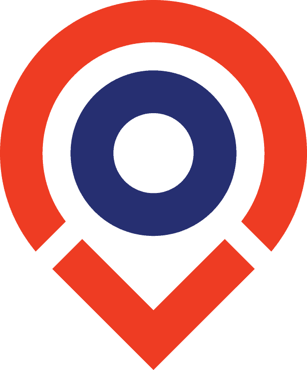A red and blue map pin with a blue circle in the middle, representing a location on a map.