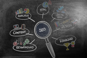Seo on a blackboard with a magnifying glass by a local seo expert.